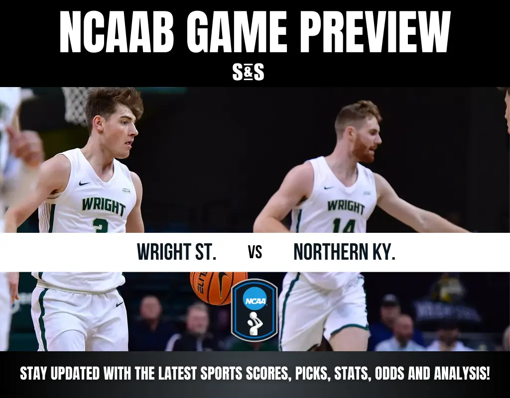 NCAAB game preview graphic featuring two Wright State basketball players. Text reads 'Wright St. vs Northern Ky.' with NCAA logo below.