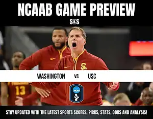NCAAB game preview featuring Washington vs USC, with a graphic displaying team colors and a call to stay updated on sports analysis.