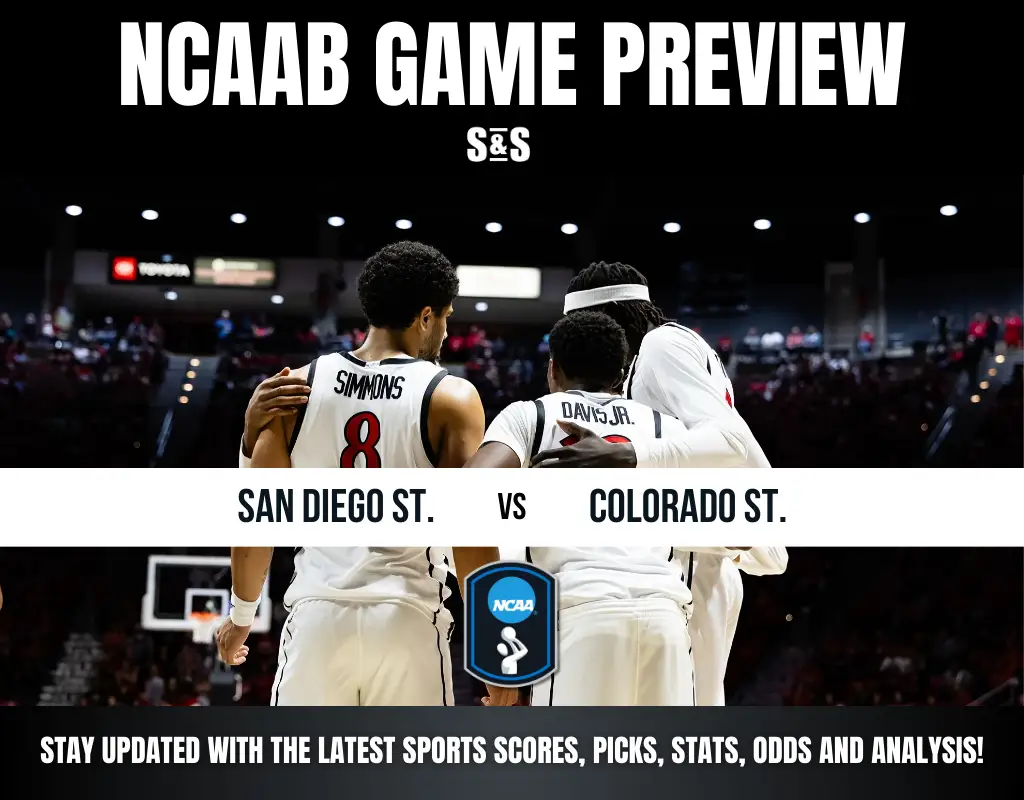 NCAAB game preview image showing San Diego State vs. Colorado State. Three basketball players in white jerseys huddle with backs turned. Energetic stadium scene.