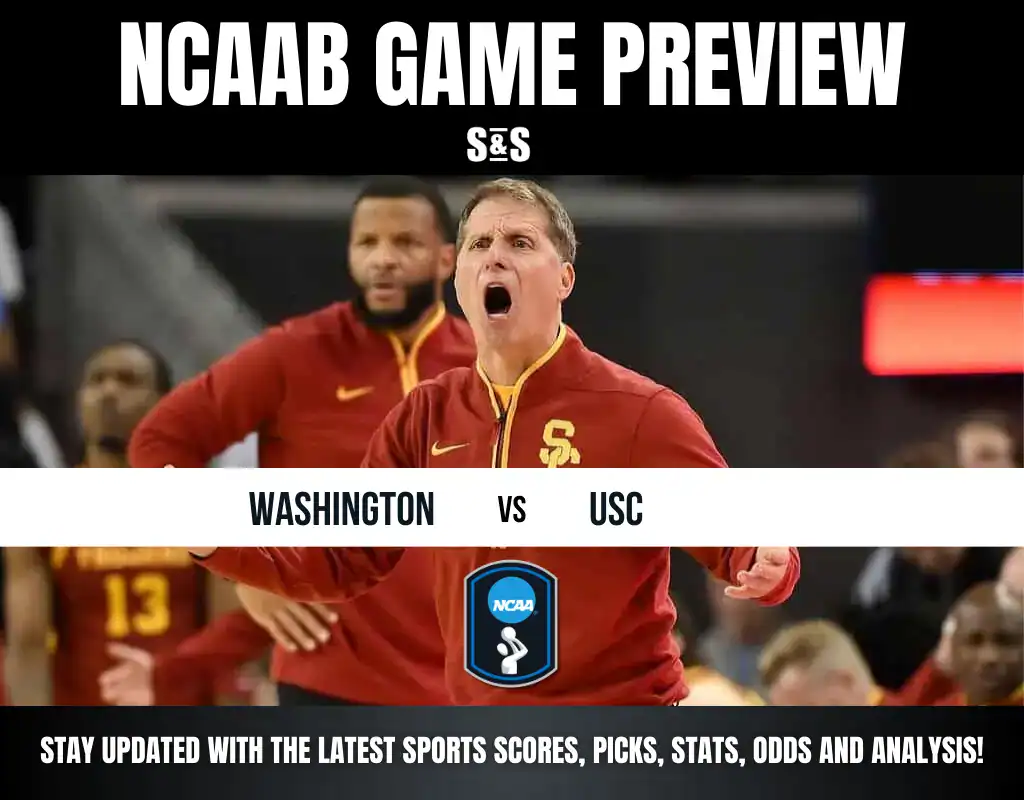 NCAAB game preview featuring Washington vs USC, with a graphic displaying team colors and a call to stay updated on sports analysis.