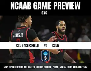 NCAAB Game Preview featuring CSU Bakersfield vs CSUN, with a call to stay updated on sports scores, picks, stats, odds, and analysis.