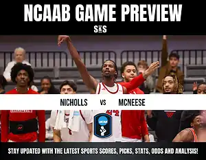NCAAB game preview featuring Nicholls and McNeese, with players celebrating and a logo for NCAA basketball highlighted.