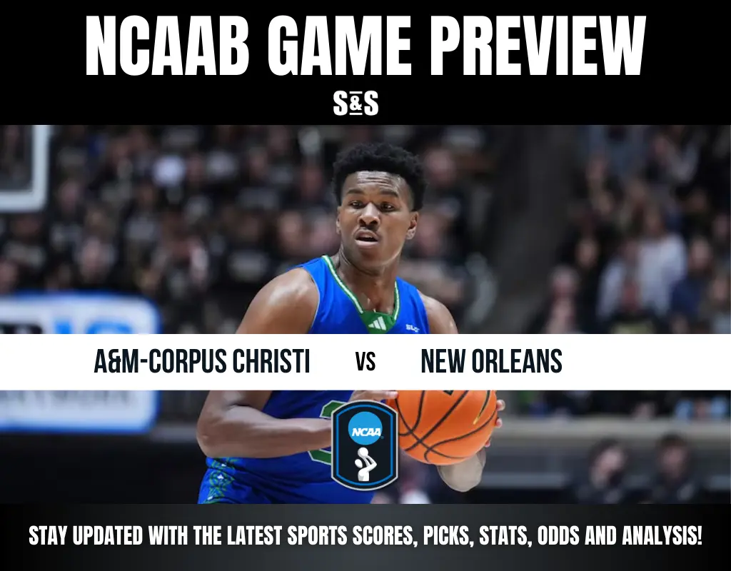 Basketball player in blue jersey dribbles during A&M-Corpus Christi vs. New Orleans game. Bold text reads "NCAAB Game Preview." Energetic atmosphere.