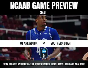 NCAAB game preview image featuring a basketball player in a blue UT Arlington jersey. Text highlights match against Southern Utah. Energetic atmosphere.