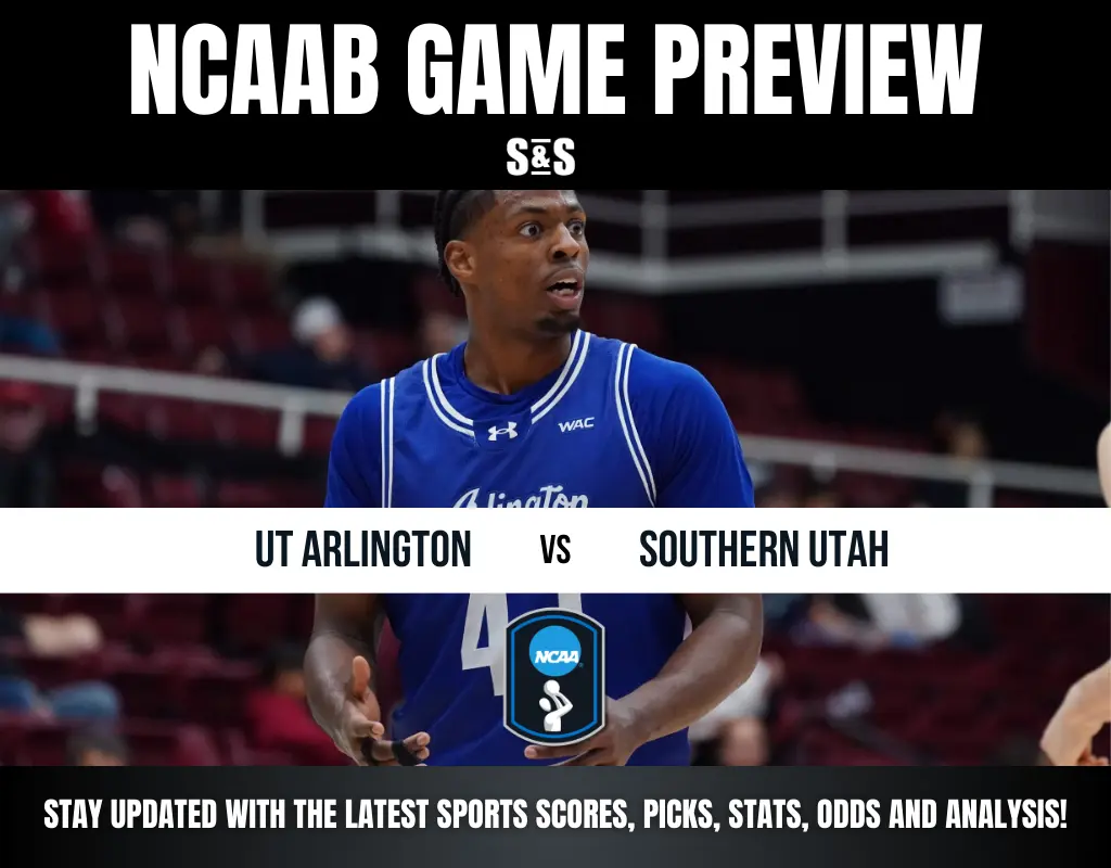 NCAAB game preview image featuring a basketball player in a blue UT Arlington jersey. Text highlights match against Southern Utah. Energetic atmosphere.