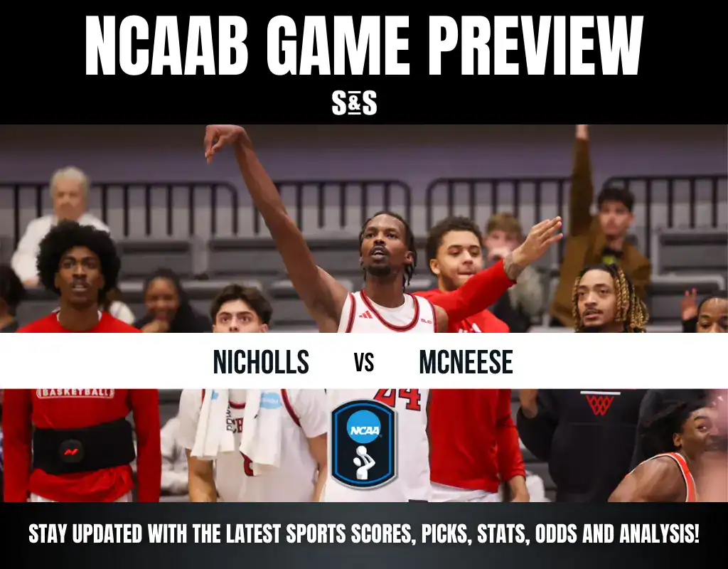 NCAAB game preview featuring Nicholls and McNeese, with players celebrating and a logo for NCAA basketball highlighted.