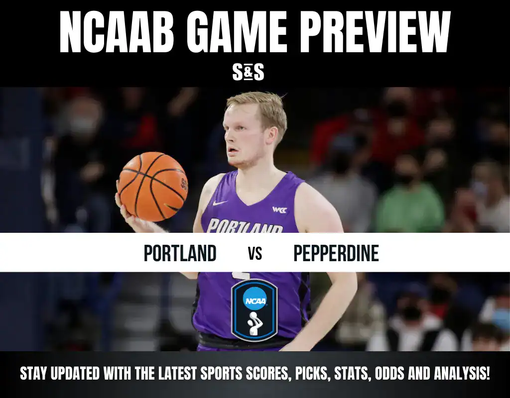 NCAAB Game Preview featuring a player from Portland holding a basketball, with the matchup of Portland vs. Pepperdine highlighted.