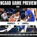 NCAAB game preview: Monmouth vs. Campbell. A Campbell player dribbles past a Monmouth player. Fans watch intently. Stay updated with scores and analysis.