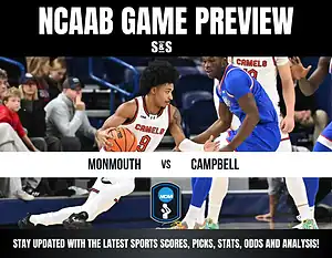 NCAAB game preview: Monmouth vs. Campbell. A Campbell player dribbles past a Monmouth player. Fans watch intently. Stay updated with scores and analysis.