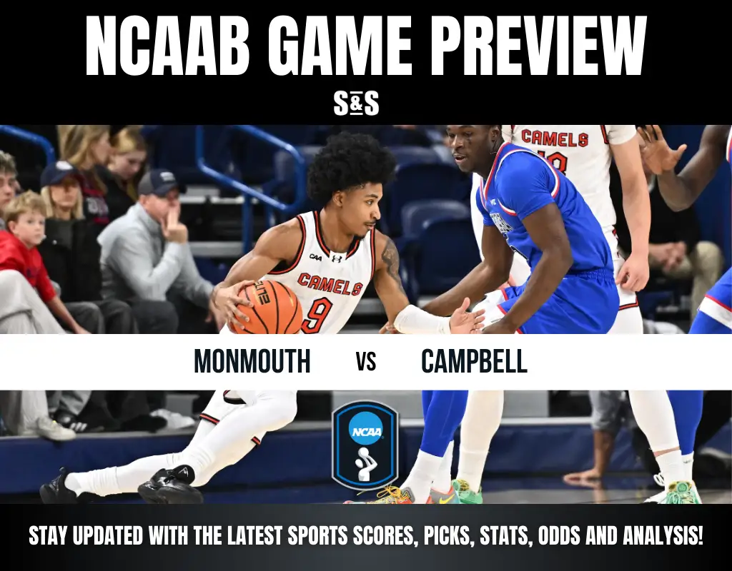 NCAAB game preview: Monmouth vs. Campbell. A Campbell player dribbles past a Monmouth player. Fans watch intently. Stay updated with scores and analysis.