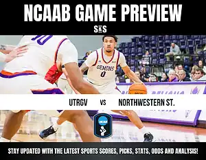 NCAAB game preview featuring UTRGV vs Northwestern State, with players in action on the court and promotional information at the bottom.