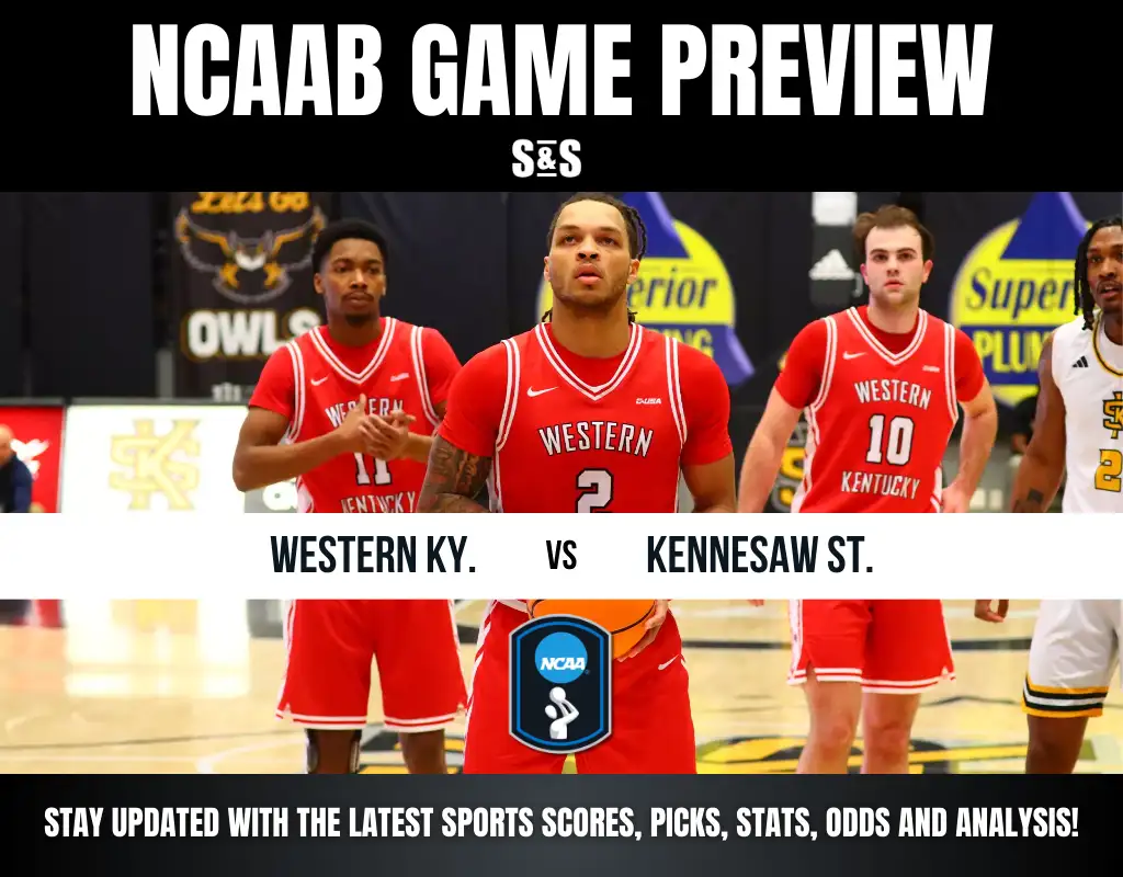 NCAAB game preview poster featuring players from Western Kentucky and Kennesaw State. Bold text announces the matchup with college basketball theme.
