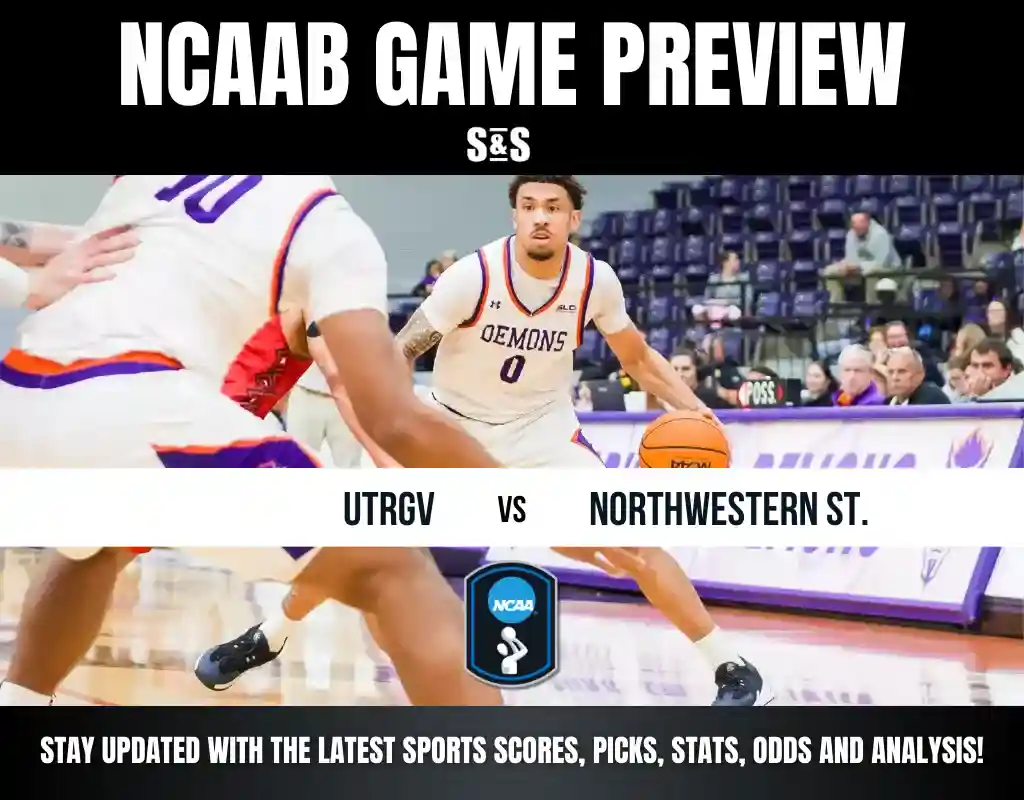 NCAAB game preview featuring UTRGV vs Northwestern State, with players in action on the court and promotional information at the bottom.
