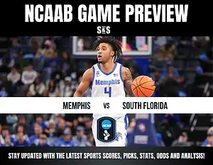 NCAAB game preview featuring Memphis vs South Florida, with a basketball player from the Memphis team and text encouraging viewers to stay updated on sports scores, picks, stats, odds, and analysis.