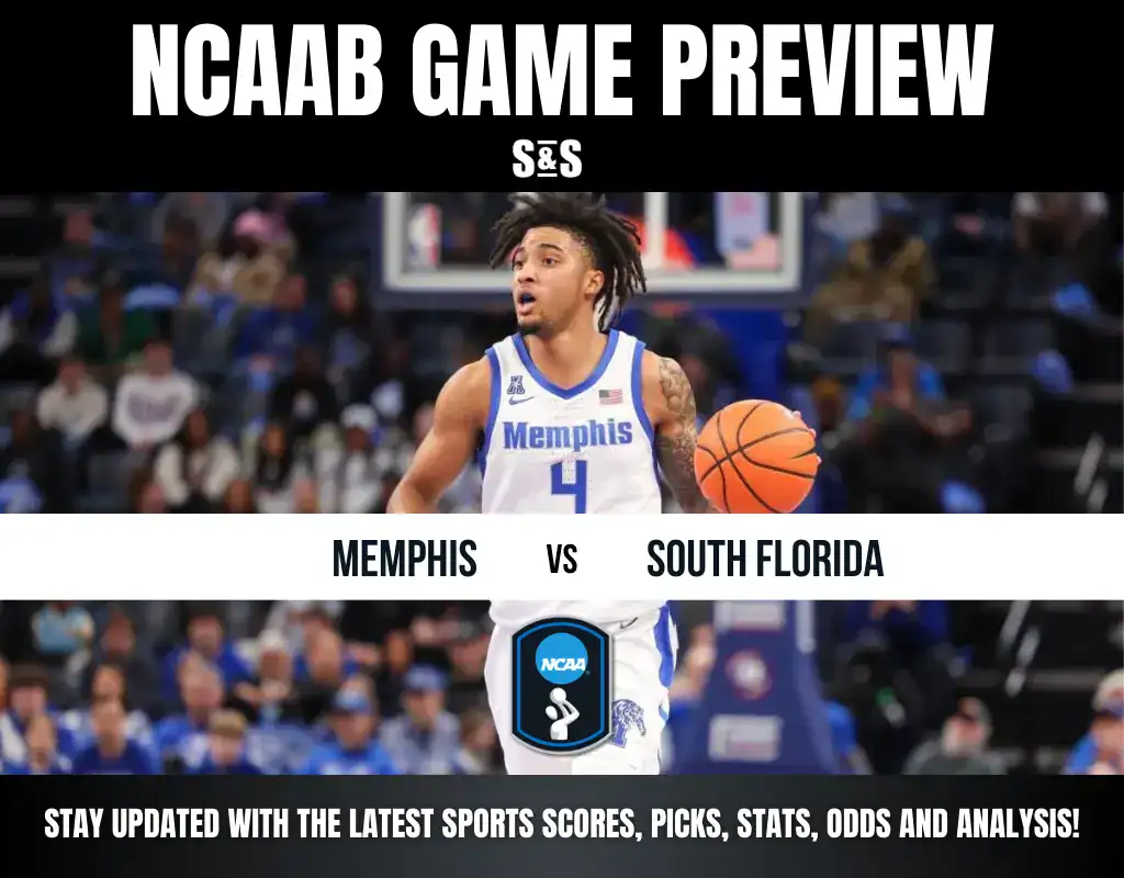 NCAAB game preview featuring Memphis vs South Florida, with a basketball player from the Memphis team and text encouraging viewers to stay updated on sports scores, picks, stats, odds, and analysis.