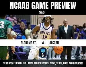 NCAAB game preview image showing a basketball player in a "Braves" jersey dribbling. The matchup is Alabama State vs. Alcorn. Energetic atmosphere.