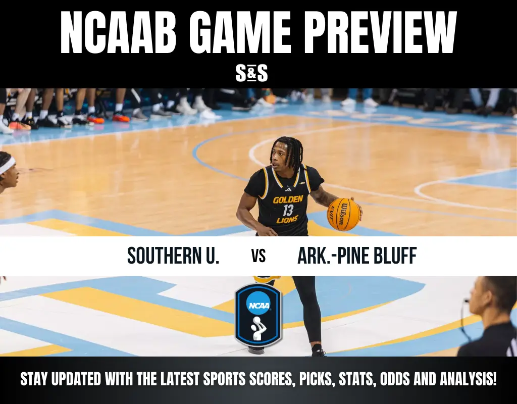 Basketball player mid-action in a sports arena, wearing a "Golden Lions" jersey, prepares for a play. Text overlay says "NCAAB Game Preview: Southern U. vs Ark.-Pine Bluff."