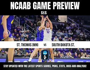 NCAAB Game Preview featuring St. Thomas (MN) vs. South Dakota State with a call to stay updated on sports scores, picks, stats, odds, and analysis.