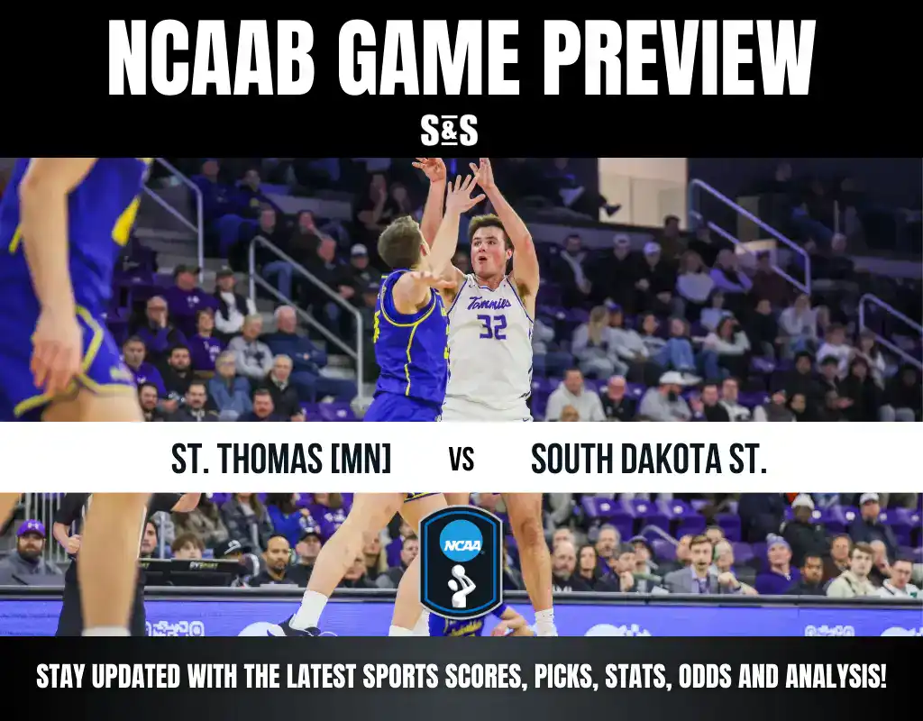 NCAAB Game Preview featuring St. Thomas (MN) vs. South Dakota State with a call to stay updated on sports scores, picks, stats, odds, and analysis.