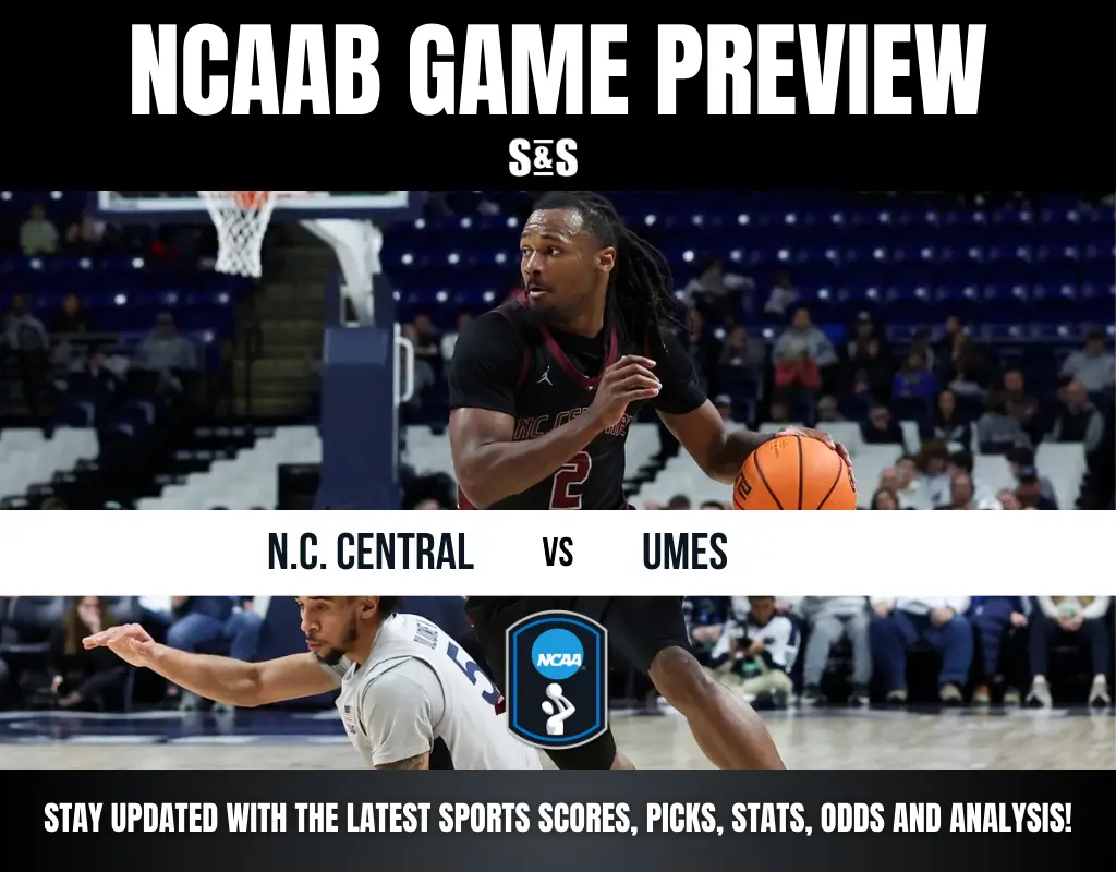 NCAAB game preview image showing a basketball player mid-action, holding an orange ball. Text reads "N.C. Central vs UMES" with NCAA logo below. Energetic tone.
