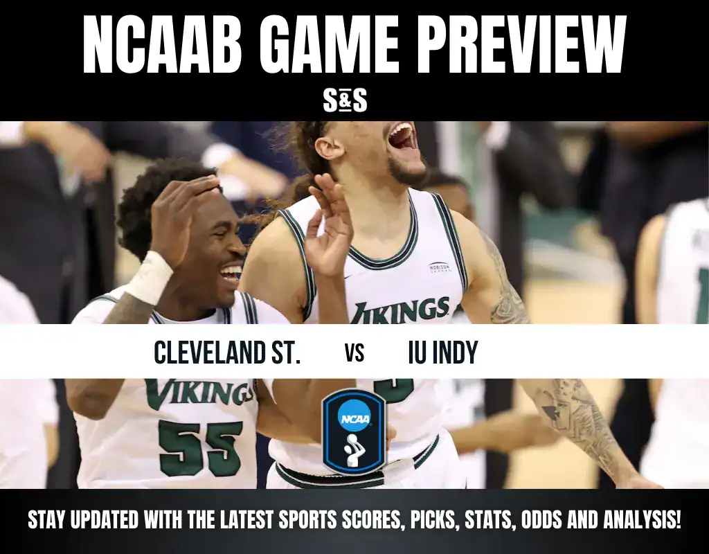 NCAAB game preview featuring Cleveland State vs. IU Indy, showcasing players in action and team branding. Scores and updates highlighted.