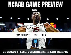 NCAAB game preview featuring San Diego State vs. UNLV, showcasing a player in action, with details for updates on scores and analysis.