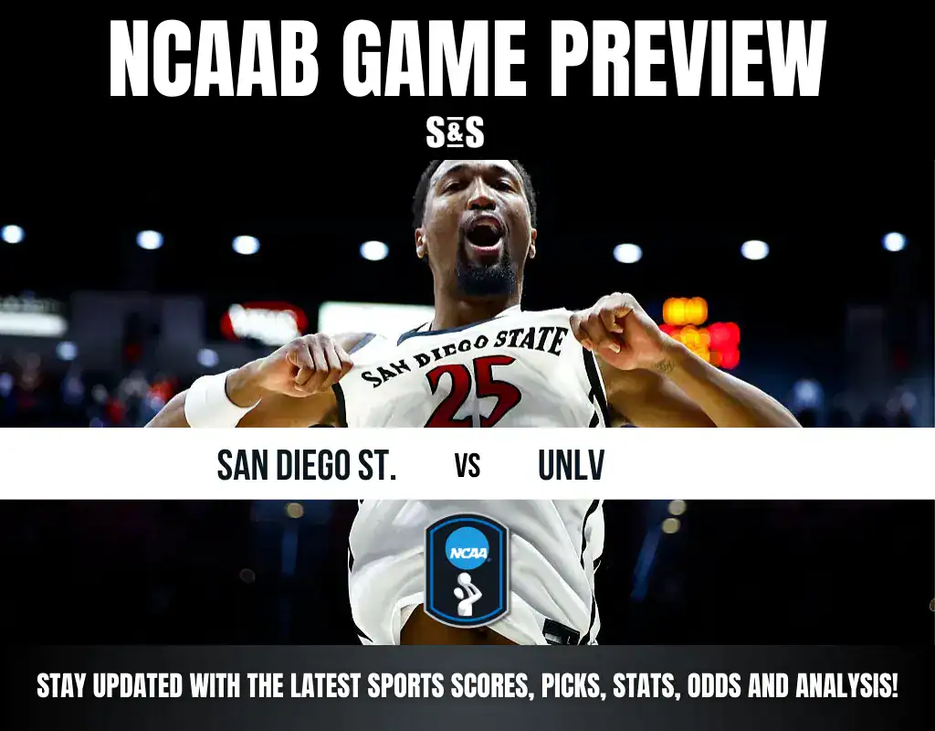 NCAAB game preview featuring San Diego State vs. UNLV, showcasing a player in action, with details for updates on scores and analysis.