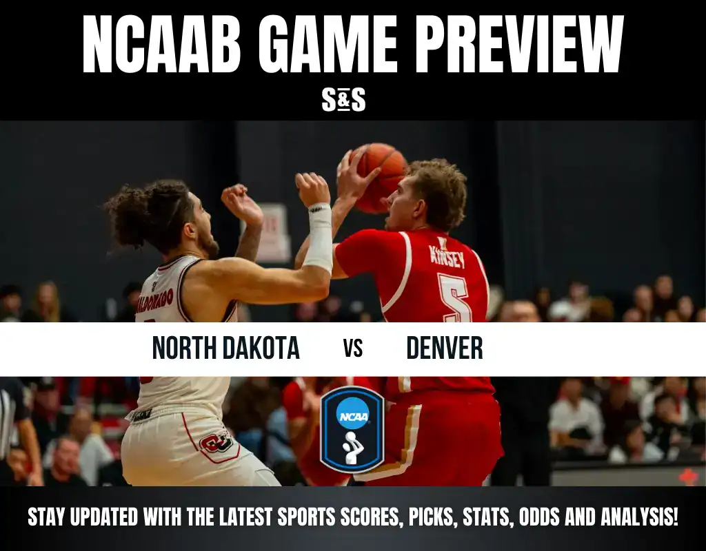 NCAA basketball game preview featuring North Dakota vs. Denver, showcasing players in action on the court.