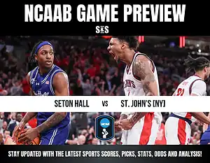 NCAA basketball game preview featuring Seton Hall vs. St. John's, showcasing players mid-action in vibrant game atmosphere.