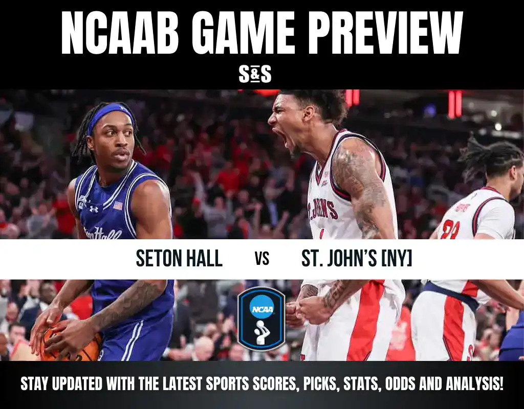 NCAA basketball game preview featuring Seton Hall vs. St. John's, showcasing players mid-action in vibrant game atmosphere.