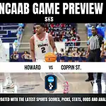 NCAAB Game Preview: Howard vs. Coppin State, featuring players in action with a basketball, background cheerleaders, and a referee.