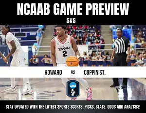 NCAAB Game Preview: Howard vs. Coppin State, featuring players in action with a basketball, background cheerleaders, and a referee.