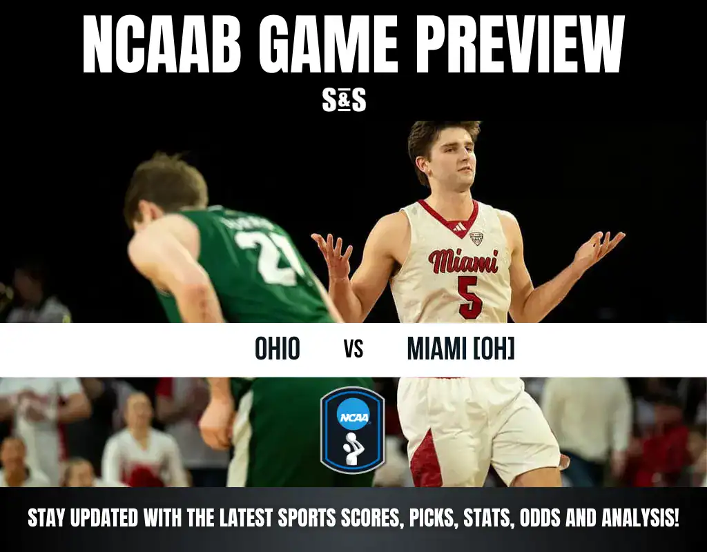 NCAAB game preview featuring Ohio vs. Miami [OH] with dynamic player action and promotional text for sports updates.