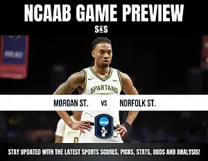 NCAAB game preview featuring Morgan State vs. Norfolk State, with text promoting updates on scores, stats, and analysis.