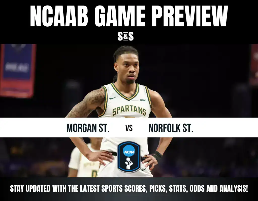 NCAAB game preview featuring Morgan State vs. Norfolk State, with text promoting updates on scores, stats, and analysis.