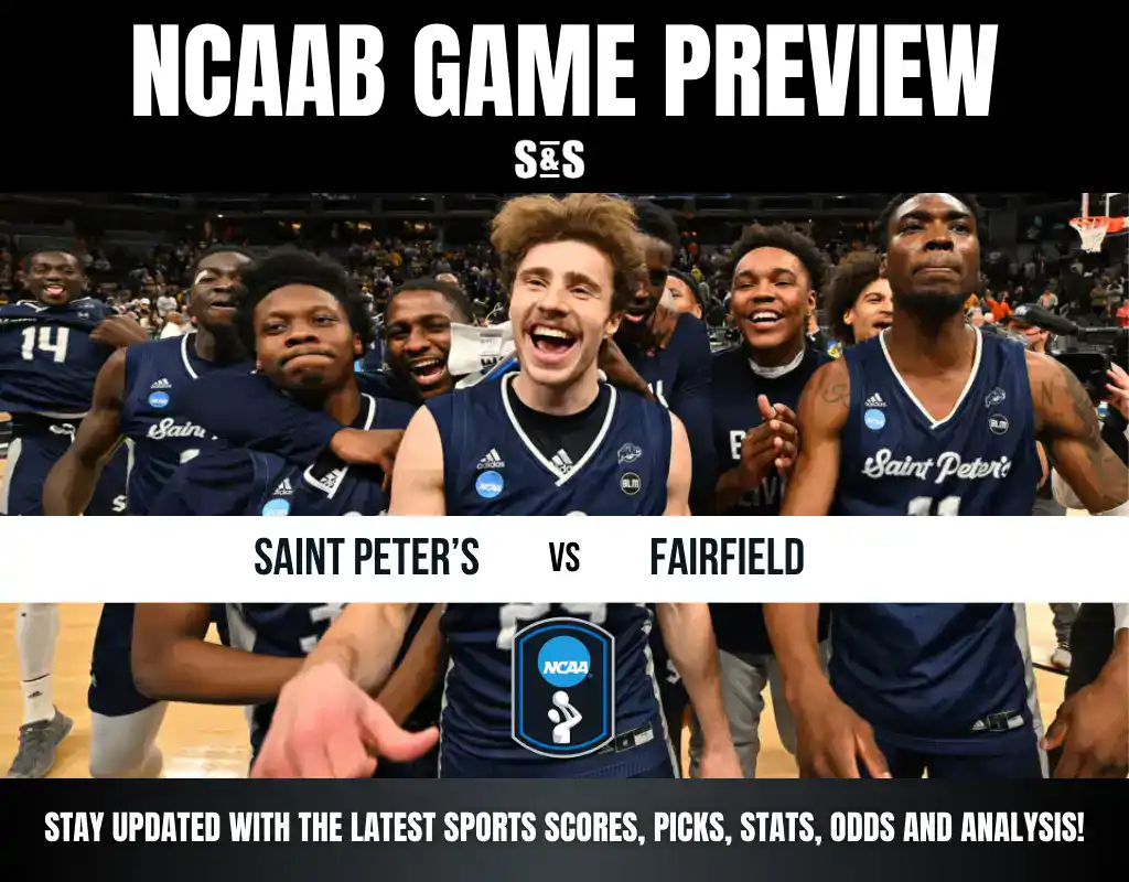 NCAAB game preview featuring players from Saint Peter's and Fairfield, highlighting team spirit and excitement.