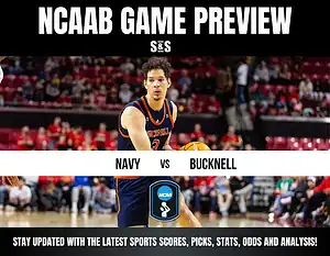 NCAA basketball game preview featuring Navy vs. Bucknell, with a player in action on the court and a crowd in the background.