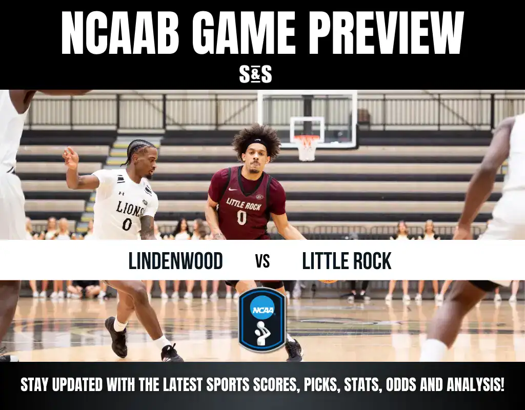 NCAA basketball preview image featuring players from Lindenwood and Little Rock in action on the court.