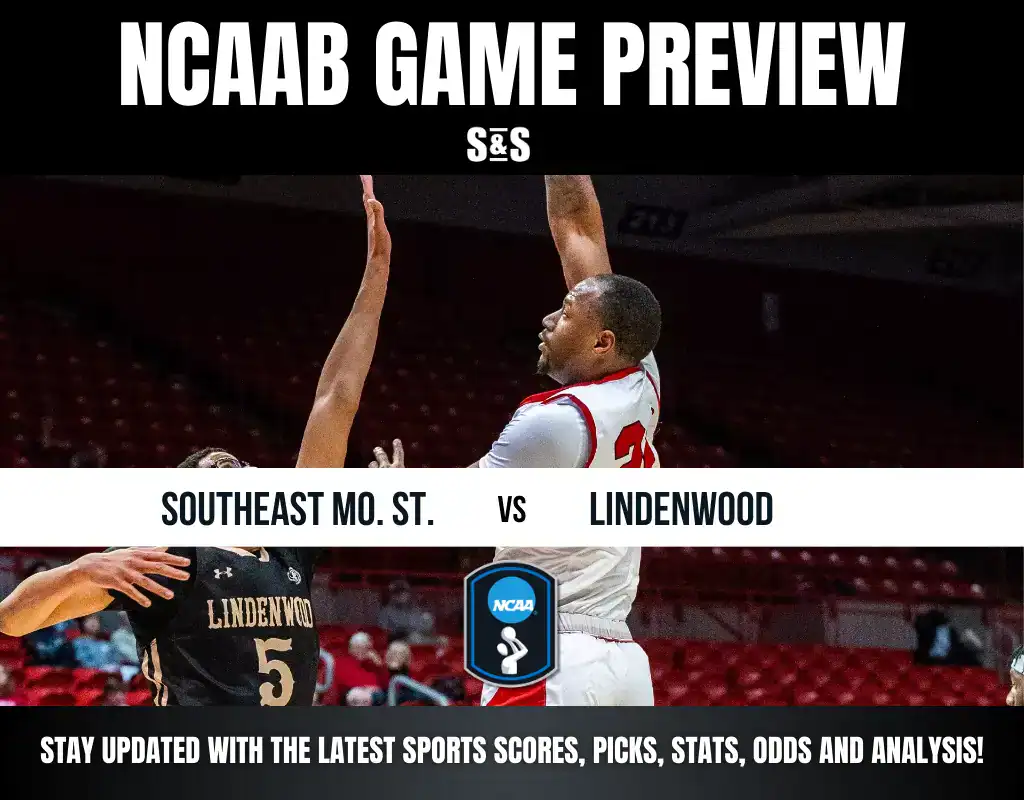 NCAA basketball preview featuring Southeast Missouri State against Lindenwood, highlighting player action during the game.