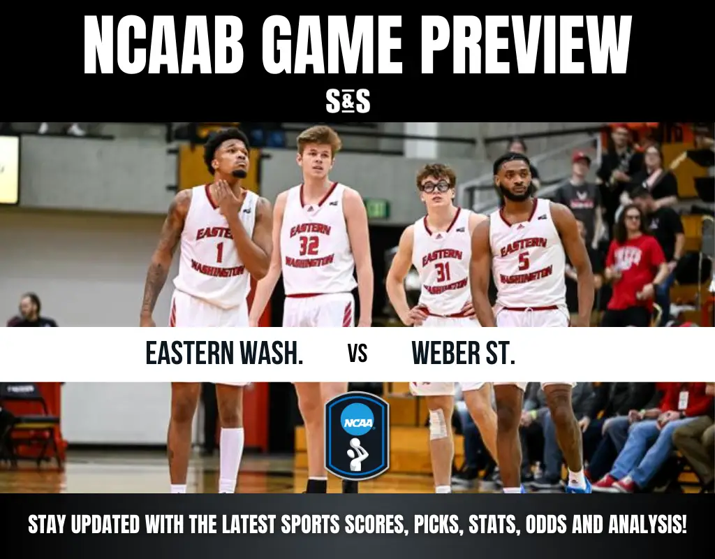 Basketball players from Eastern Washington pose before a game against Weber State, featuring team jerseys and a lively crowd in the background.