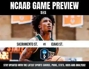 NCAA basketball game preview graphic featuring a player about to shoot, with the matchup between Sacramento St. and Idaho St. highlighted.