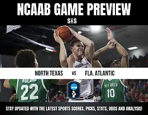 College basketball players from Florida Atlantic and North Texas compete for the ball during a game.
