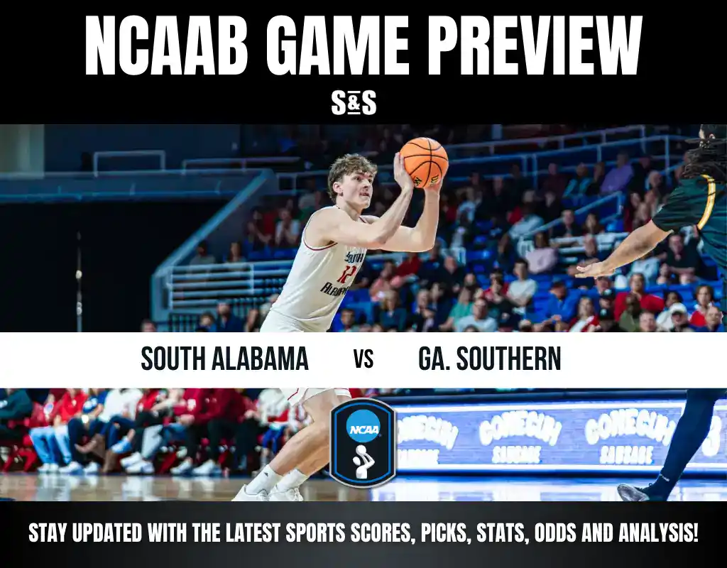 NCAA basketball game preview featuring South Alabama vs. Georgia Southern, with fans in the background and action on the court.