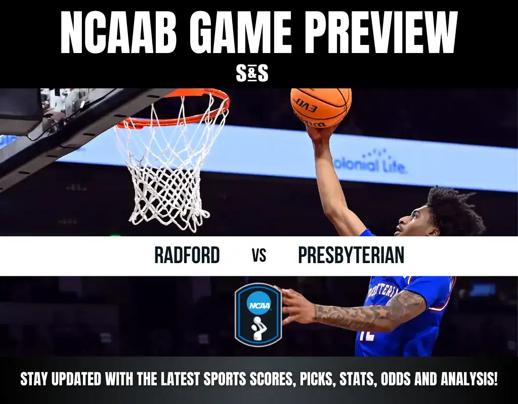 NCAAB Game Preview featuring Radford vs. Presbyterian, with a note to stay updated on sports scores, picks, stats, odds, and analysis.