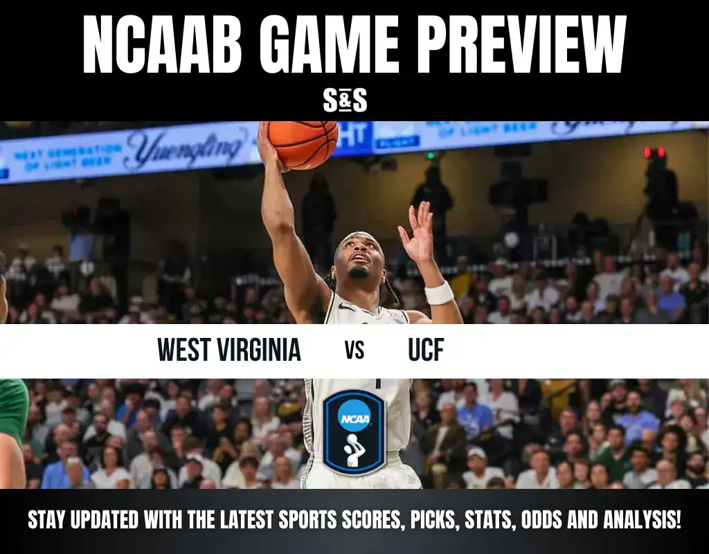 NCAAB Game Preview featuring West Virginia vs UCF, with a call to stay updated on the latest sports scores, picks, stats, odds, and analysis.