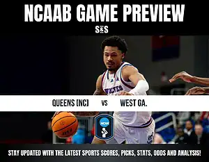 NCAAB Game Preview featuring Queens (NC) vs West GA, with a basketball and text encouraging updates on sports scores, picks, stats, odds, and analysis.