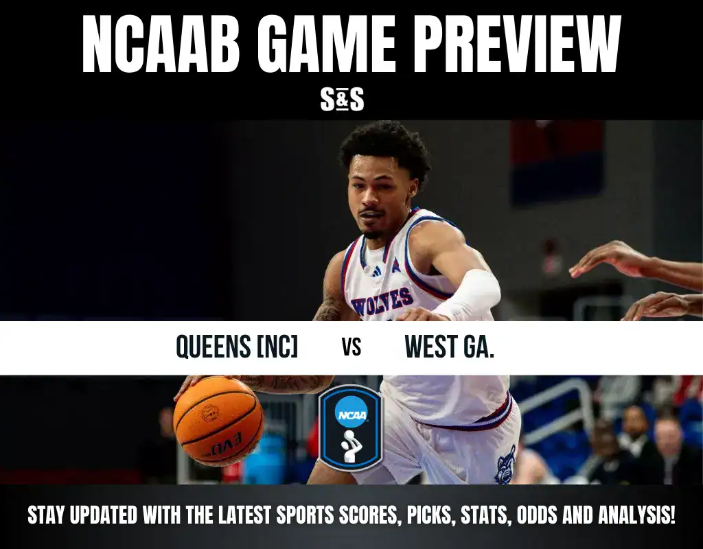 NCAAB Game Preview featuring Queens (NC) vs West GA, with a basketball and text encouraging updates on sports scores, picks, stats, odds, and analysis.