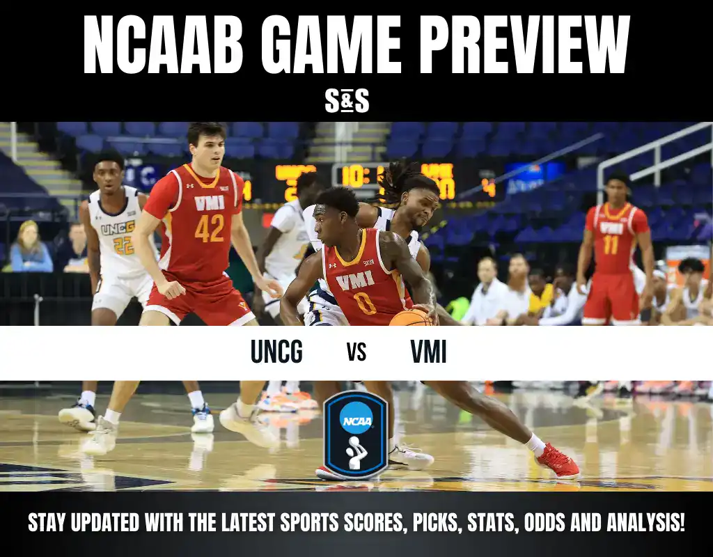 NCAAB Game Preview: UNCG vs VMI with players in action on a basketball court.
