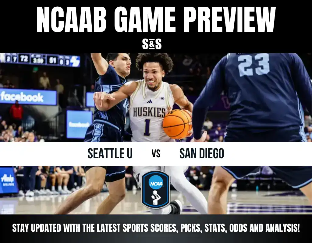 NCAAB Game Preview featuring Seattle U vs San Diego, showing a player from Seattle U dribbling the ball surrounded by defenders.