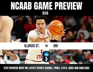 NCAAB GAME PREVIEW with a basketball player from Illinois State making a pass during a game against UNI.